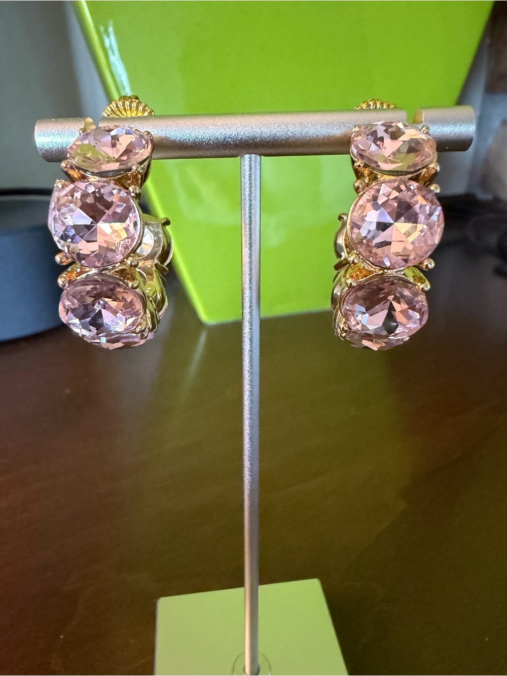 Vintage Pink Gemstone Gold Tone Hoop Earrings